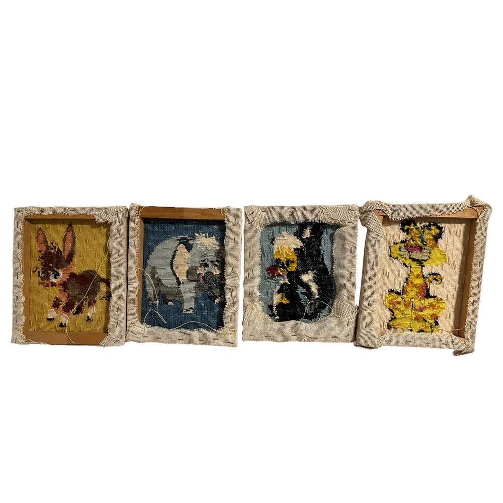 Vintage Needlepoint Animal Wall Art Set of 4 Donkey Elephant Skunk Tiger Nursery